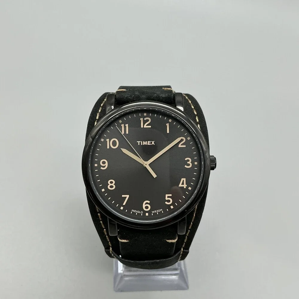 Timex Indiglo WR30M Mens Watch 42mm Black Dial Black Leather Bund New Battery